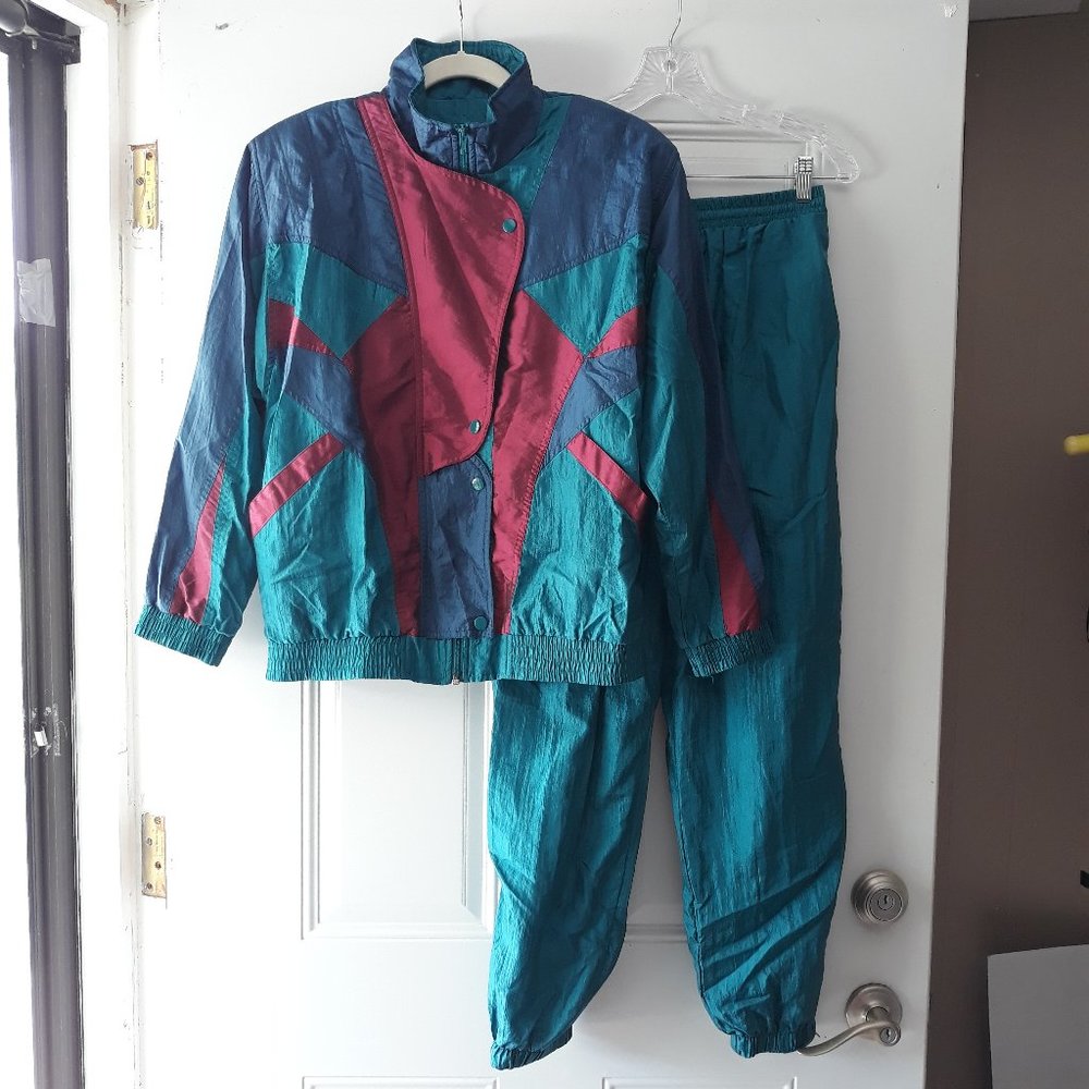 VTG 80s Sunterra Track Suit Set Jacket Pants Size Medium Petite Green Blue Red